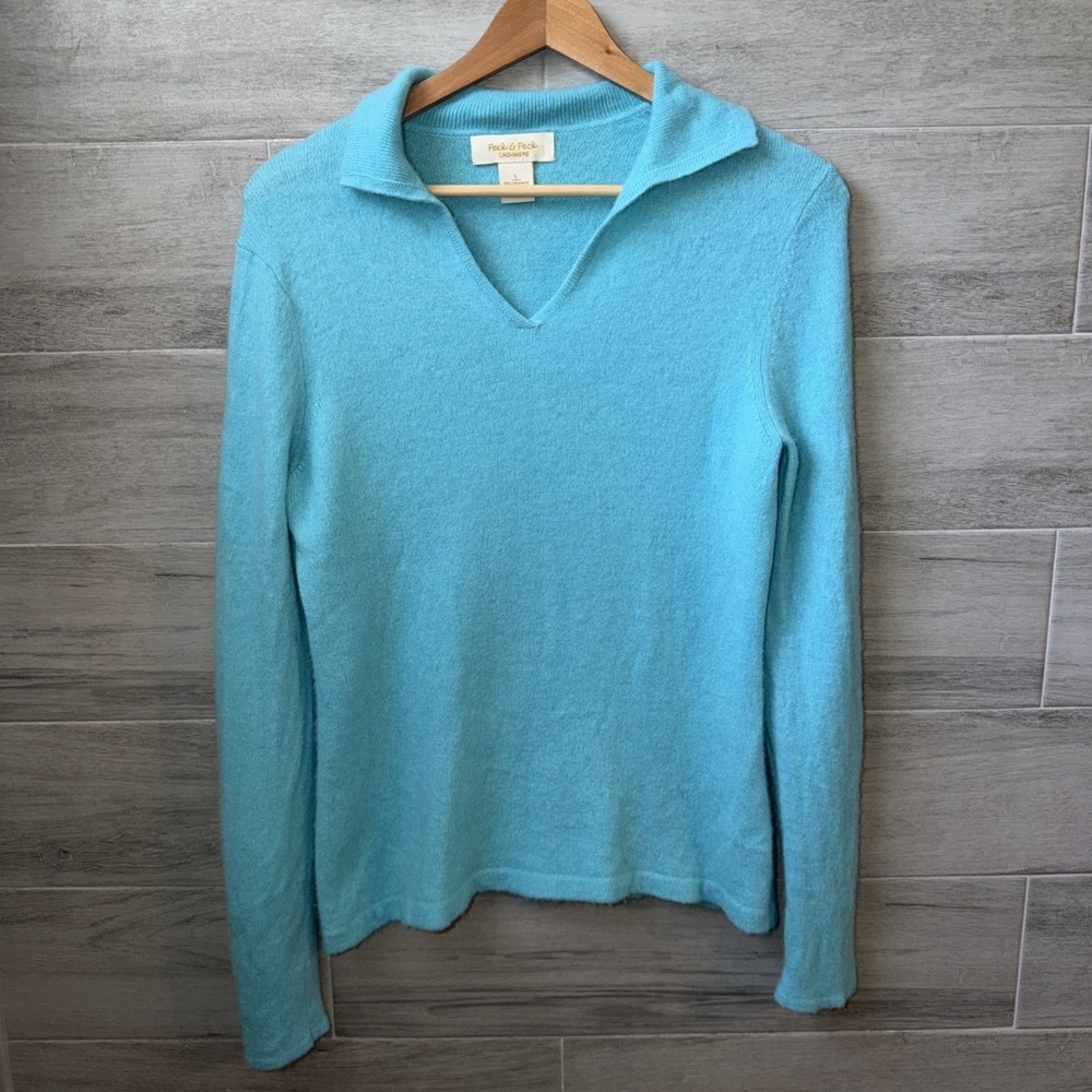 Peck & Peck 100% Cashmere Fitted Aqua Blue V-Neck Collared Sweater Size Large